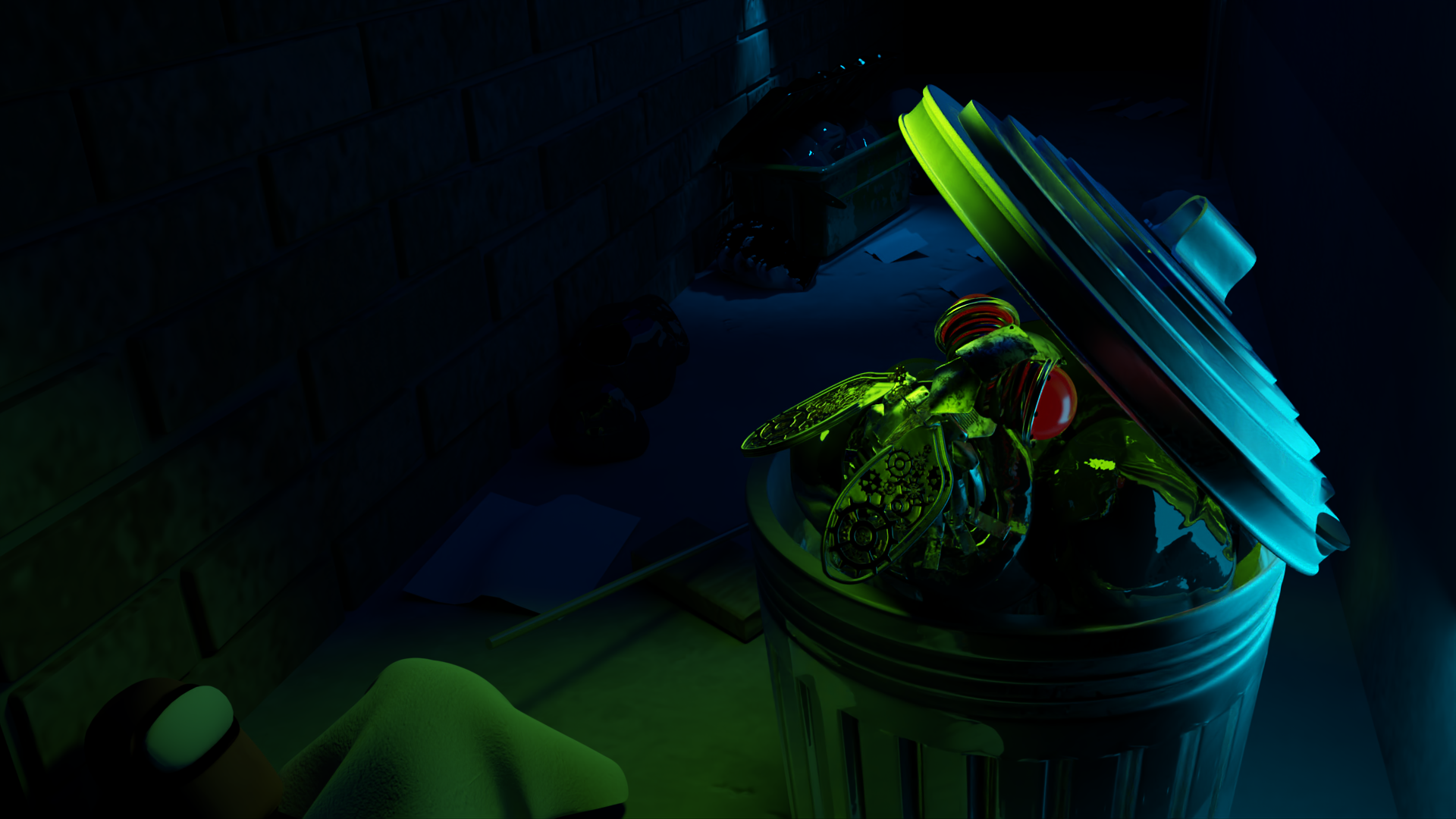 A steam-punk fly on a garbage can